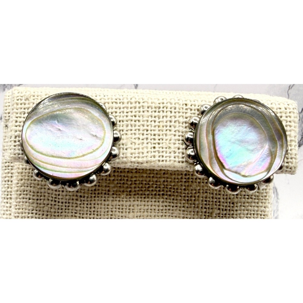 Abalone Shell Screw Back Earrings Silver‎ Tone Vintage Retro Style